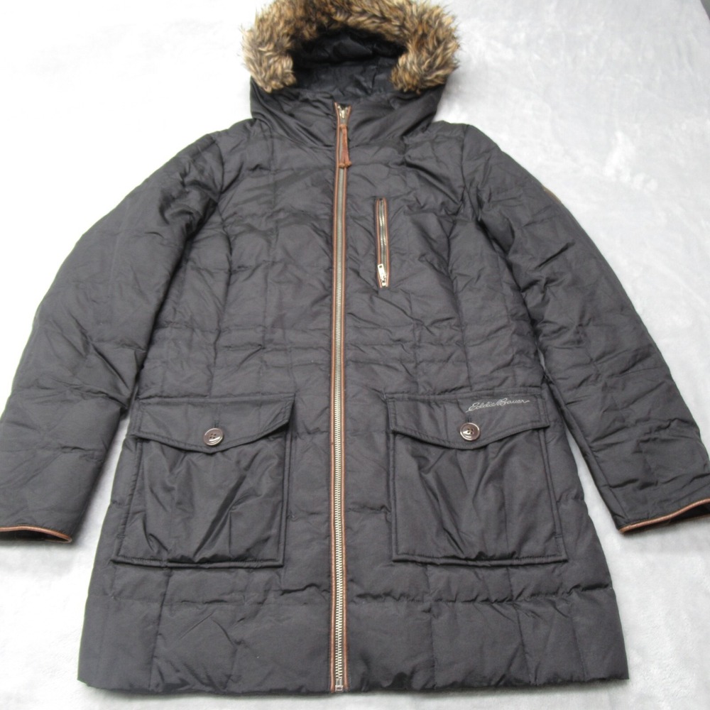 Eddie Bauer Down Jacket Womens PS Brown Insulated Faux Fur Hood Full Zip Parka